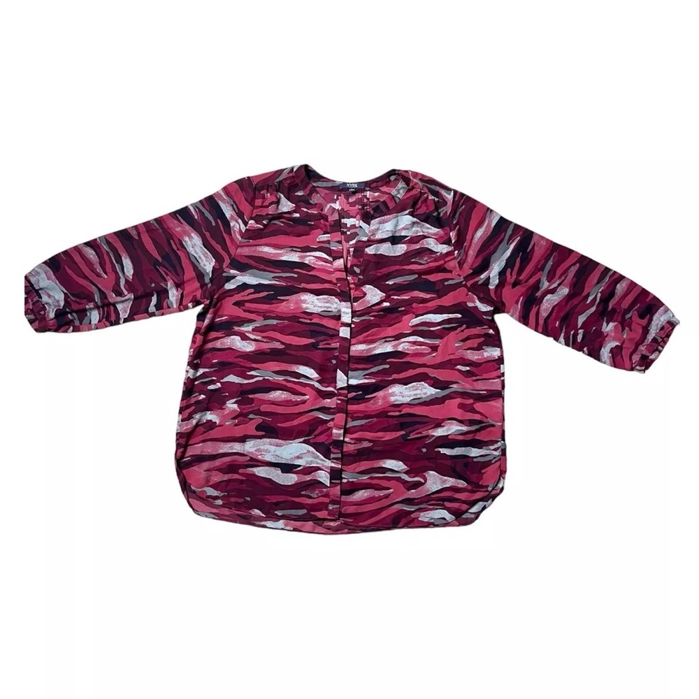 NYDJ Blouse Tunic Top Women L Red Camouflage Print 3/4 Sleeve Pleated hidden